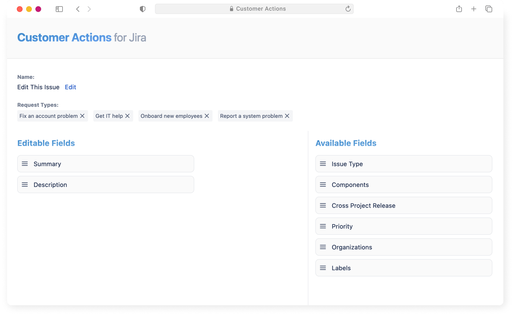 Customer Actions Configuration Screen